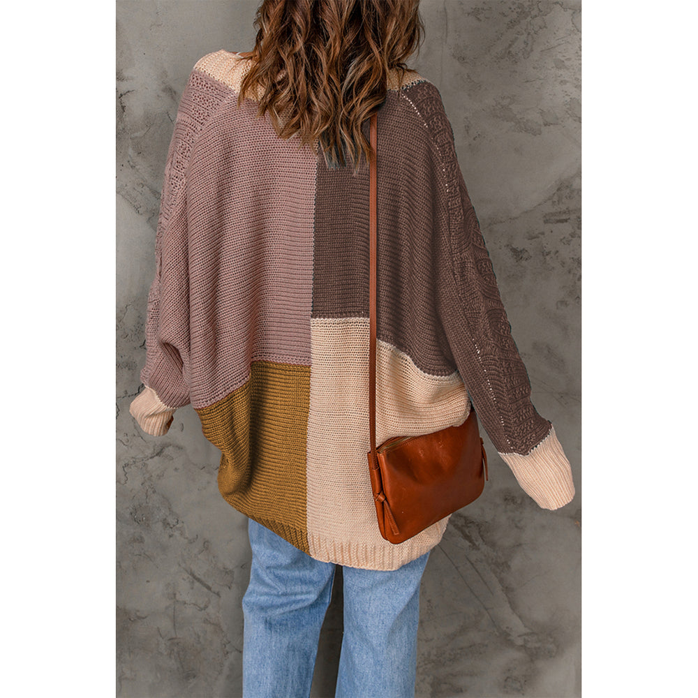 Womens Brown Color Block Loose Open Front Knitted Cardigan Image 2