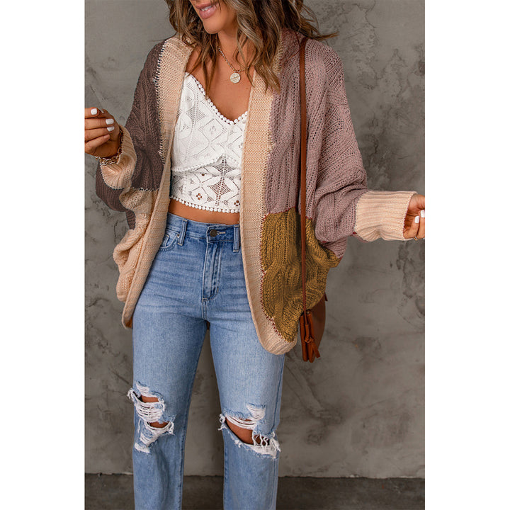 Womens Brown Color Block Loose Open Front Knitted Cardigan Image 3