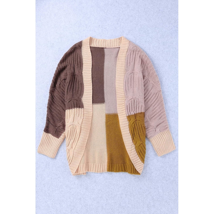 Womens Brown Color Block Loose Open Front Knitted Cardigan Image 4