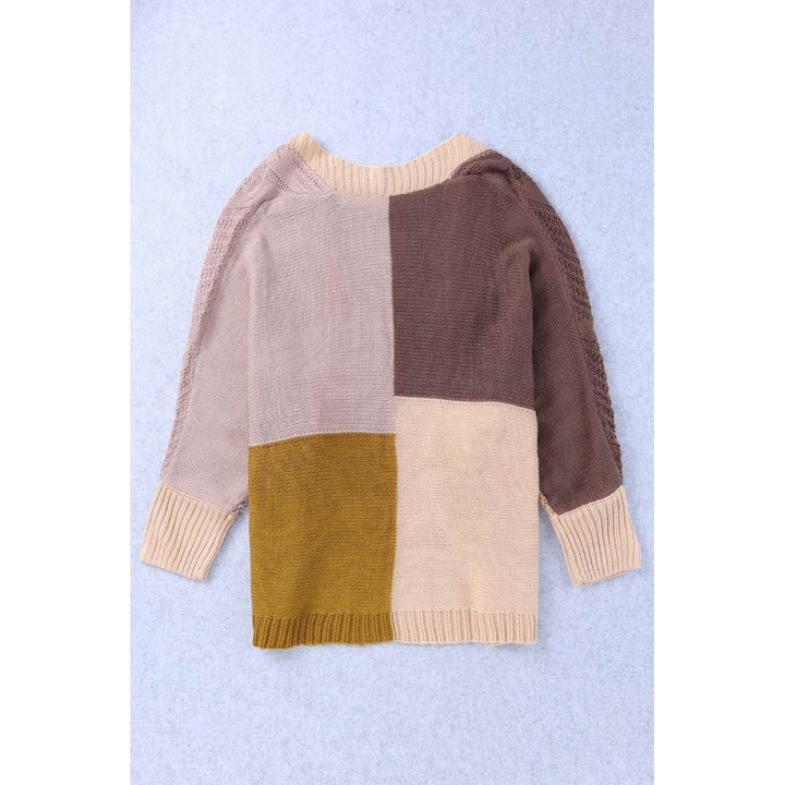 Womens Brown Color Block Loose Open Front Knitted Cardigan Image 6