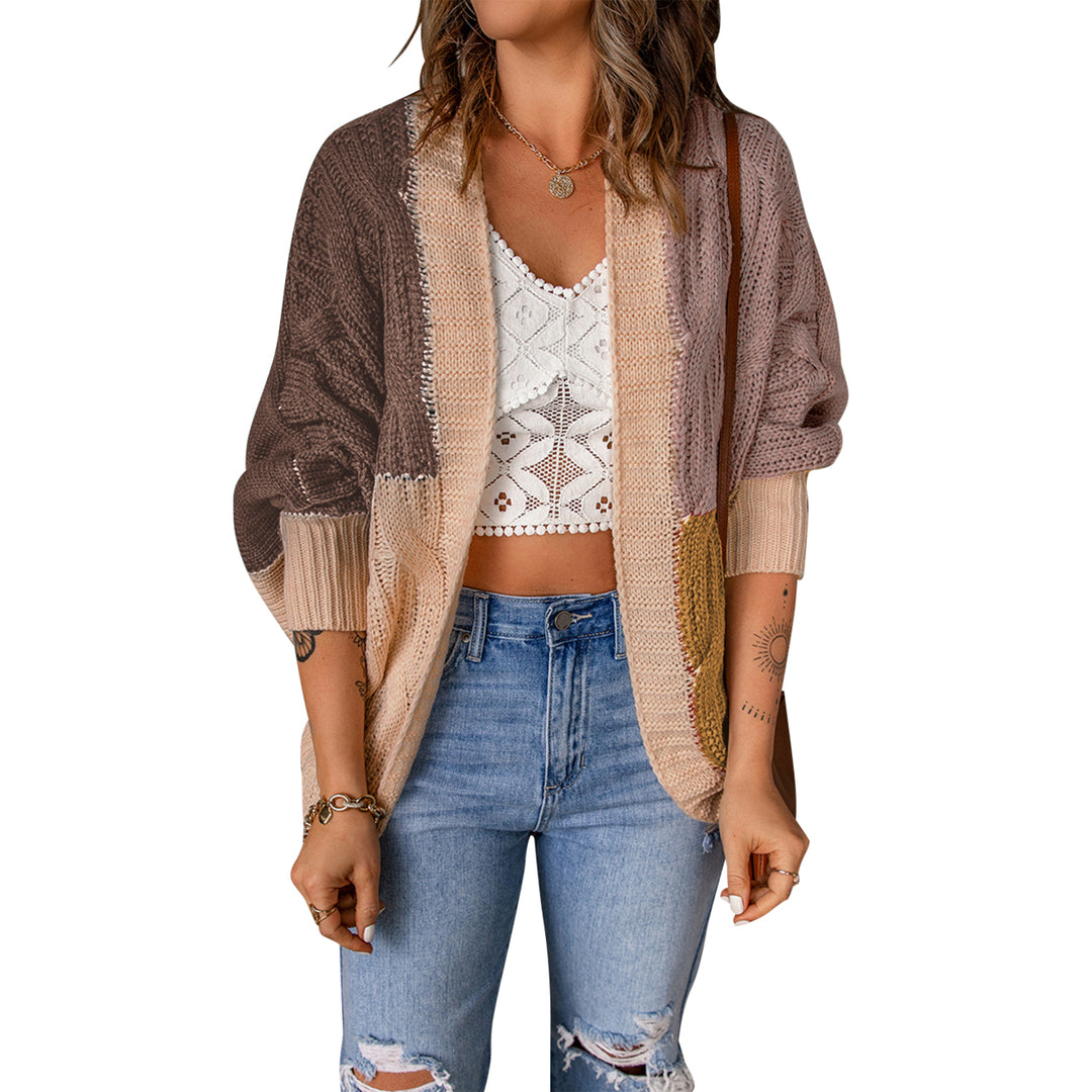 Womens Brown Color Block Loose Open Front Knitted Cardigan Image 8