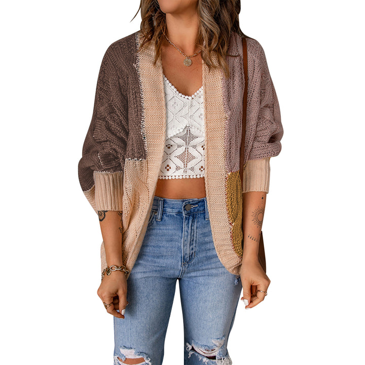 Womens Brown Color Block Loose Open Front Knitted Cardigan Image 8