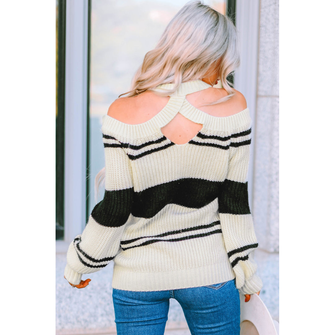 Women's Black Striped Cold Shoulder Knit Sweater Image 1
