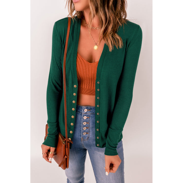 Women's Green Lightweight Knit Ribbed Trim Snap Button Cardigan Image 1