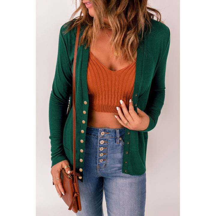 Women's Green Lightweight Knit Ribbed Trim Snap Button Cardigan Image 3