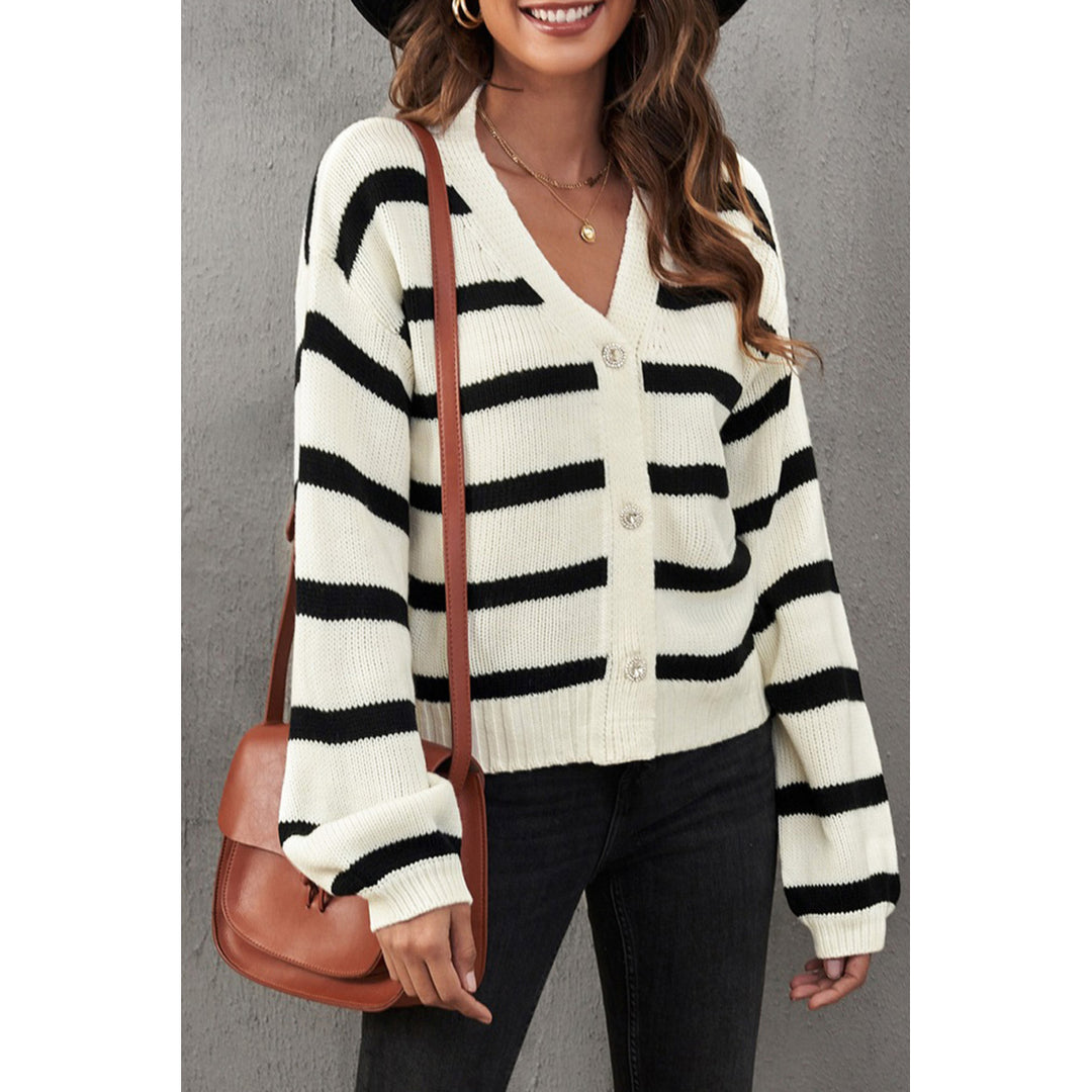 Womens Striped V-Neck Buttoned Open Front Knitted Sweater Image 4