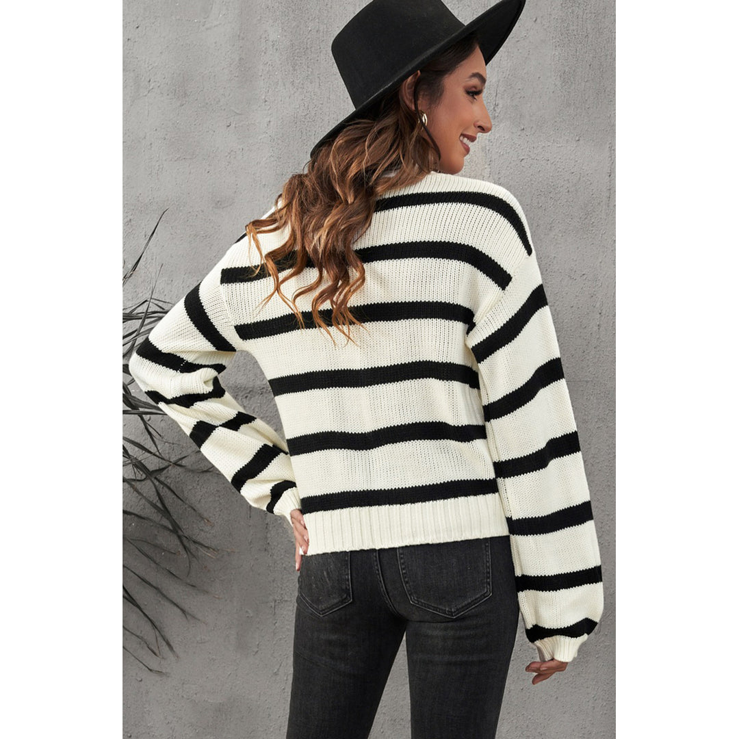 Womens Striped V-Neck Buttoned Open Front Knitted Sweater Image 6