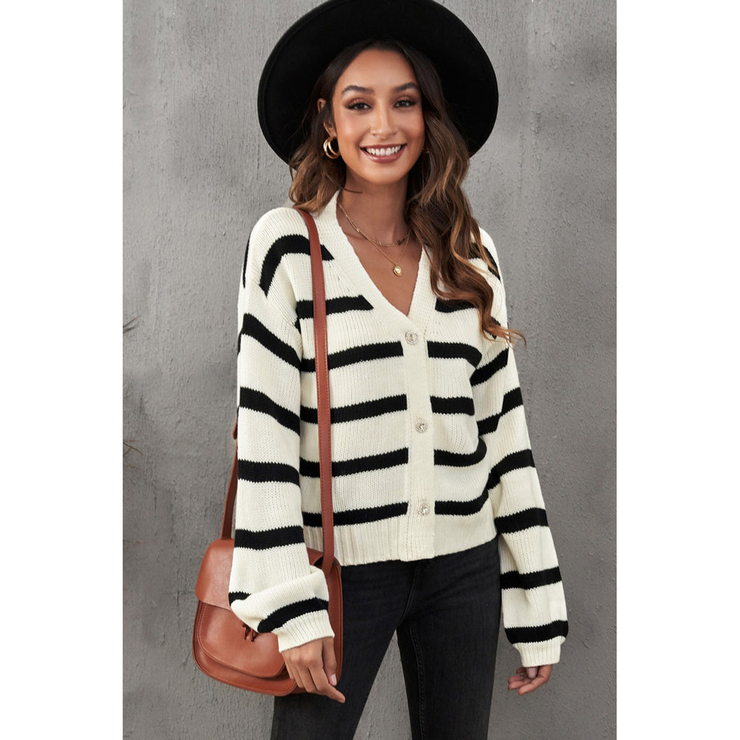 Womens Striped V-Neck Buttoned Open Front Knitted Sweater Image 7