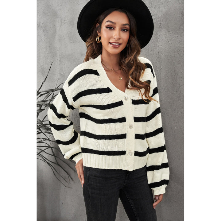 Womens Striped V-Neck Buttoned Open Front Knitted Sweater Image 8