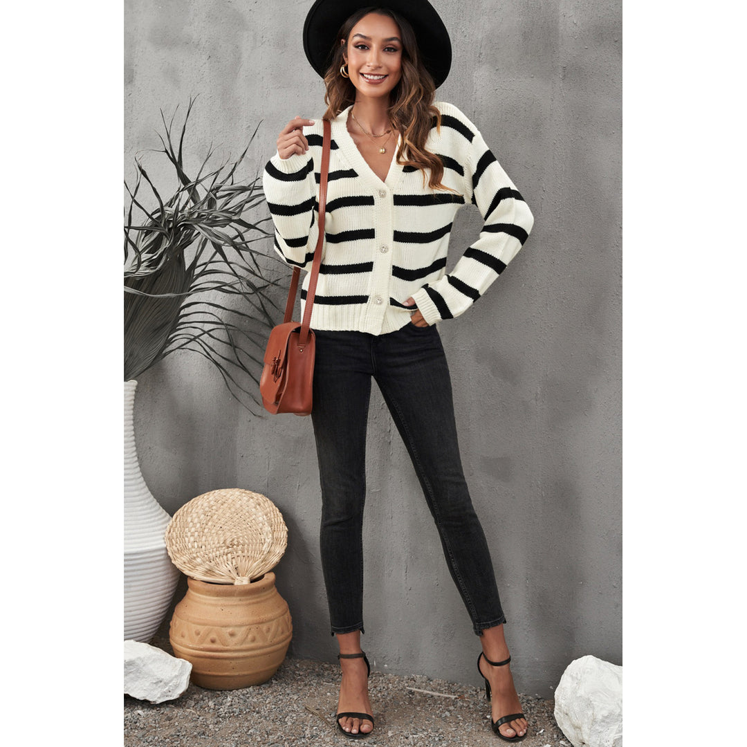 Womens Striped V-Neck Buttoned Open Front Knitted Sweater Image 9