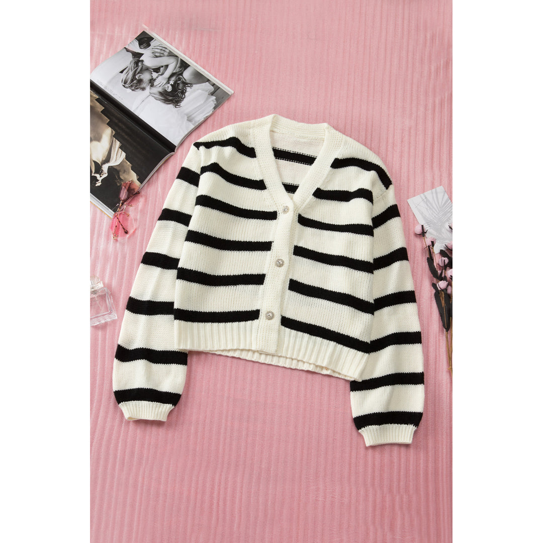 Womens Striped V-Neck Buttoned Open Front Knitted Sweater Image 10