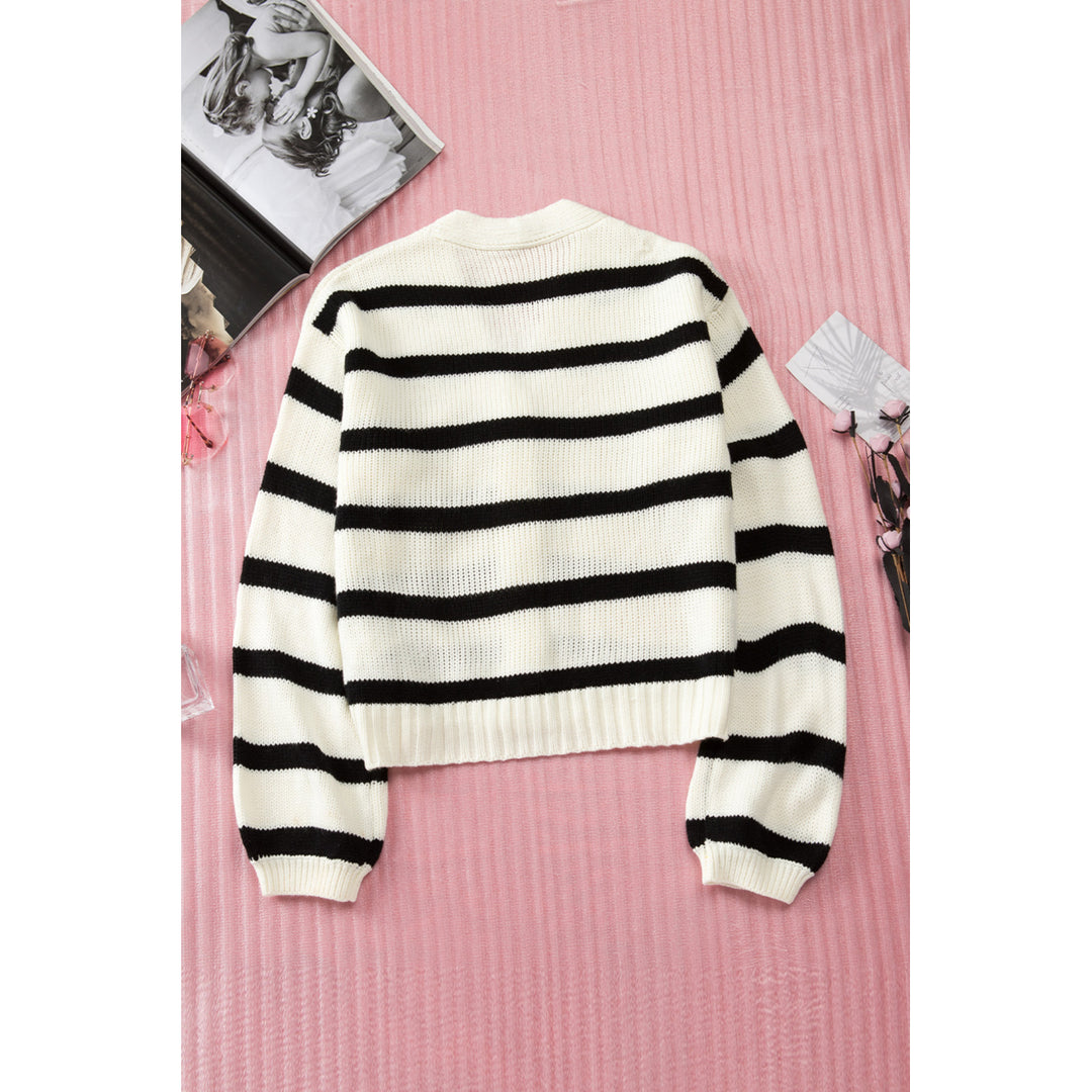 Womens Striped V-Neck Buttoned Open Front Knitted Sweater Image 11