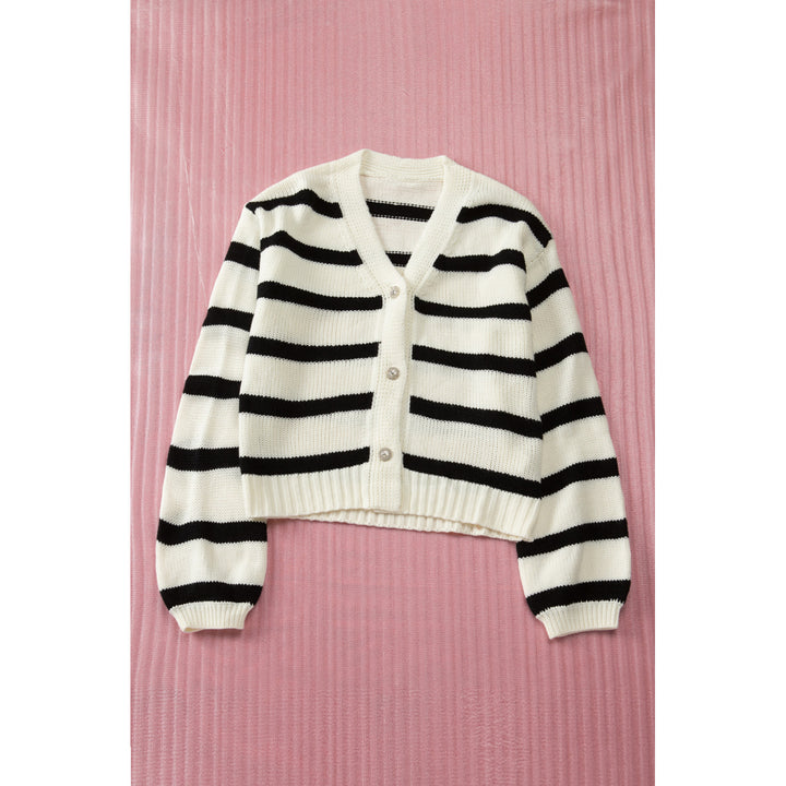 Womens Striped V-Neck Buttoned Open Front Knitted Sweater Image 12
