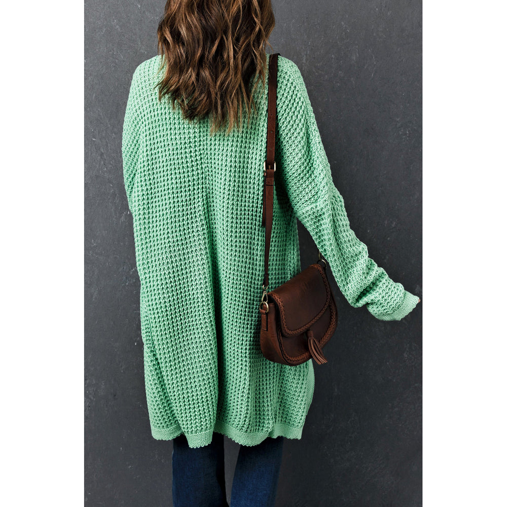Womens Green Long Line Open Front Knitted Cardigan with Pockets Image 2