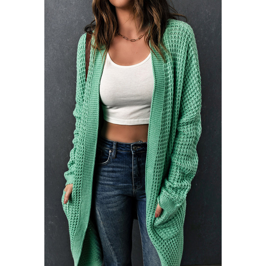 Womens Green Long Line Open Front Knitted Cardigan with Pockets Image 1