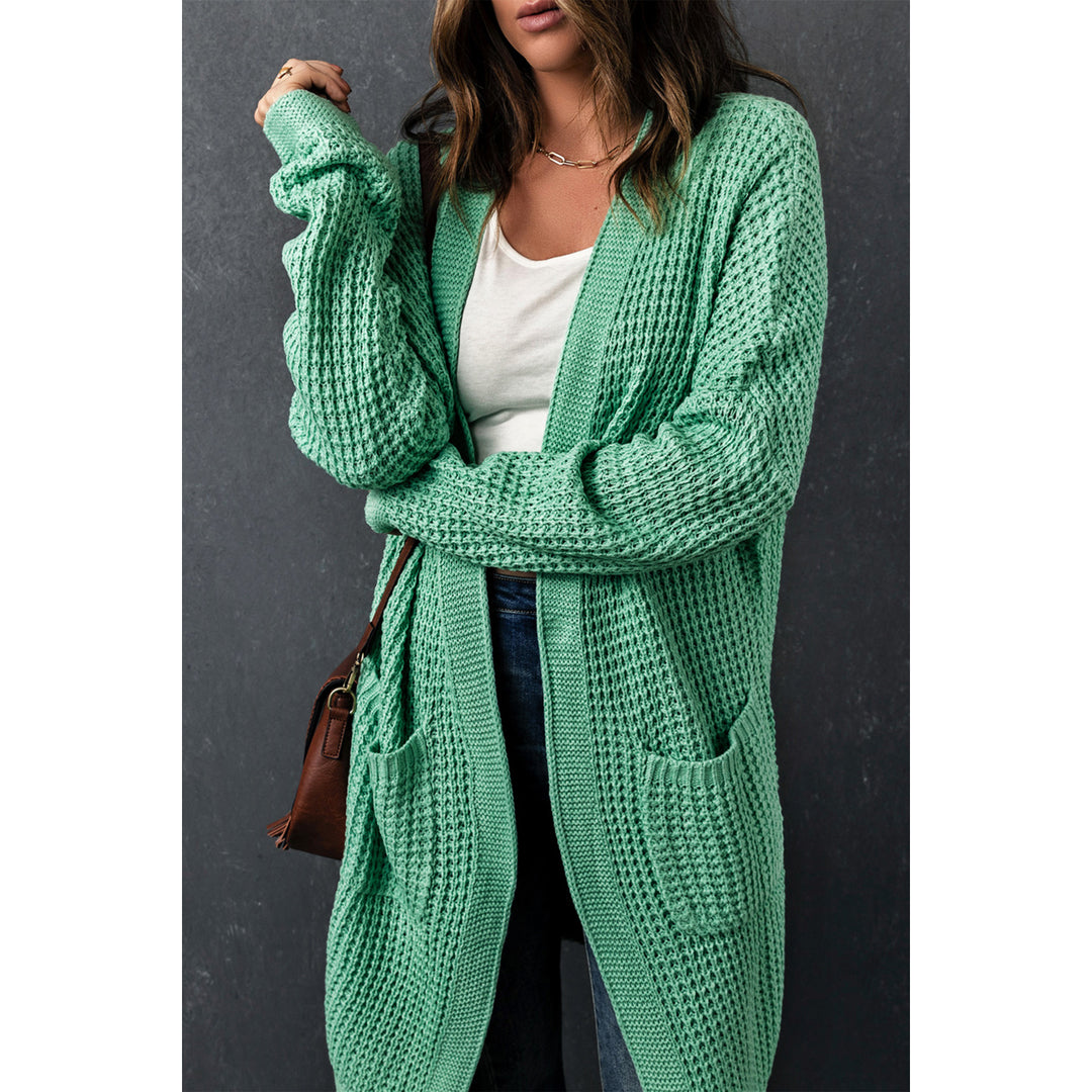 Womens Green Long Line Open Front Knitted Cardigan with Pockets Image 3
