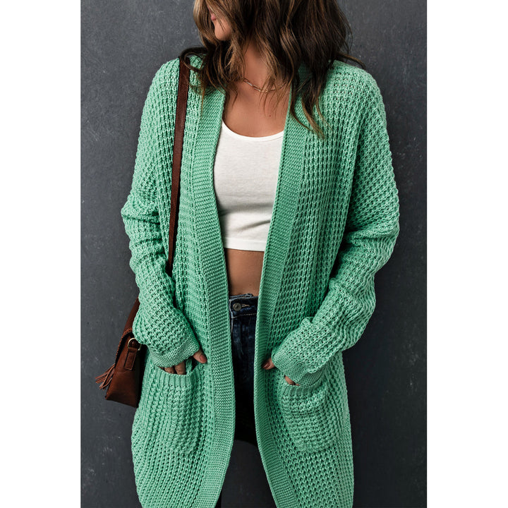 Womens Green Long Line Open Front Knitted Cardigan with Pockets Image 4