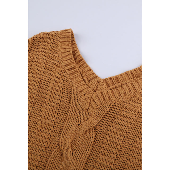 Womens Brown Bubblegum V-Neck Braided Knit Sweater Image 3