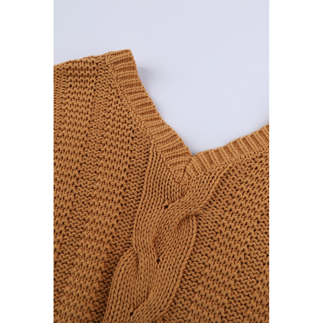 Womens Brown Bubblegum V-Neck Braided Knit Sweater Image 6