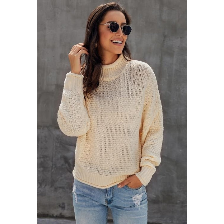 Womens Beige Oversized Chunky Batwing Long Sleeve Turtleneck Sweater Image 3