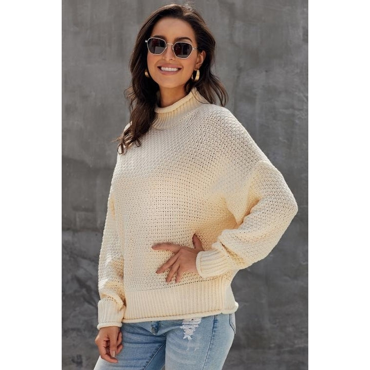 Womens Beige Oversized Chunky Batwing Long Sleeve Turtleneck Sweater Image 4