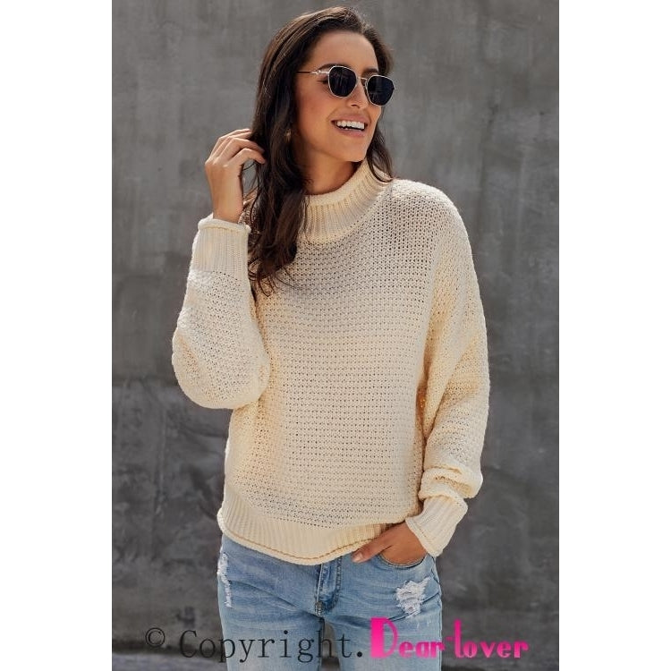 Womens Beige Oversized Chunky Batwing Long Sleeve Turtleneck Sweater Image 6