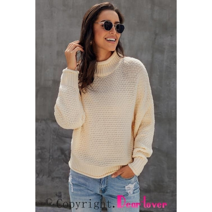 Womens Beige Oversized Chunky Batwing Long Sleeve Turtleneck Sweater Image 6