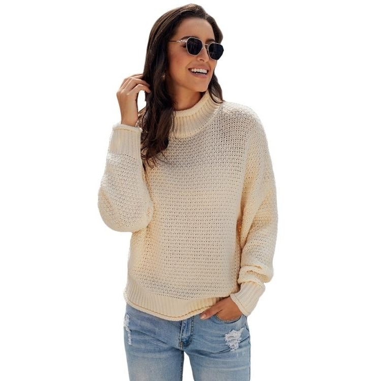 Womens Beige Oversized Chunky Batwing Long Sleeve Turtleneck Sweater Image 7