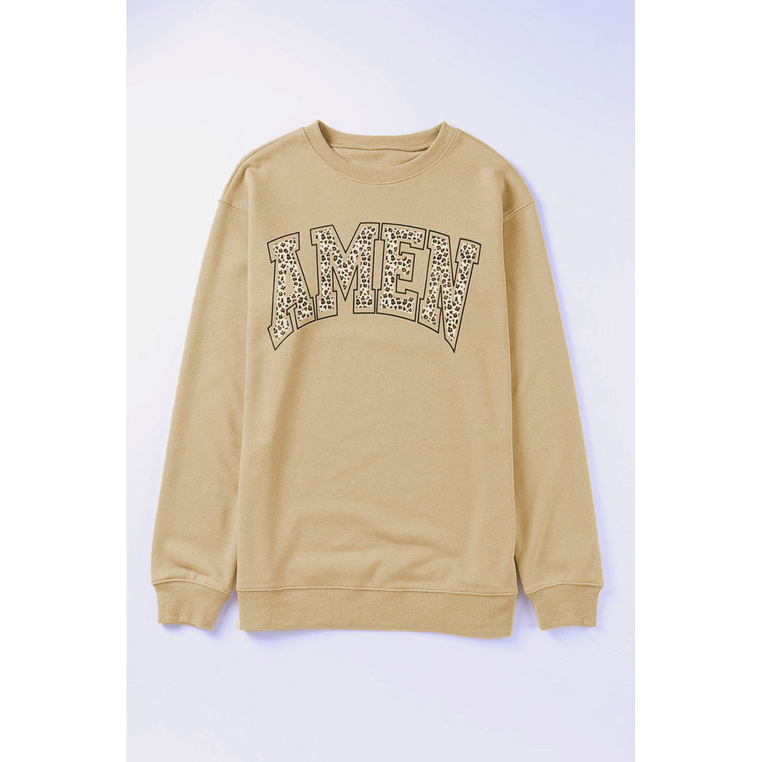 Womens Khaki AMEN Leopard Letter Print Oversized Pullover Sweatshirt Image 10