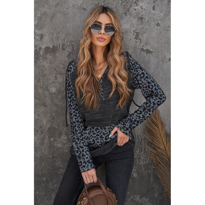 Womens Color Block Leopard Long Sleeves Black Hoodie Image 4