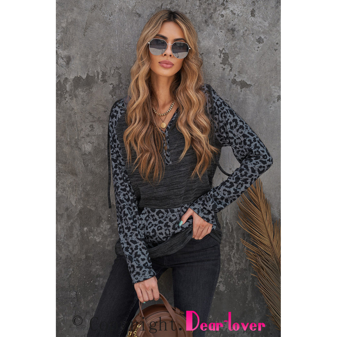 Womens Color Block Leopard Long Sleeves Black Hoodie Image 6