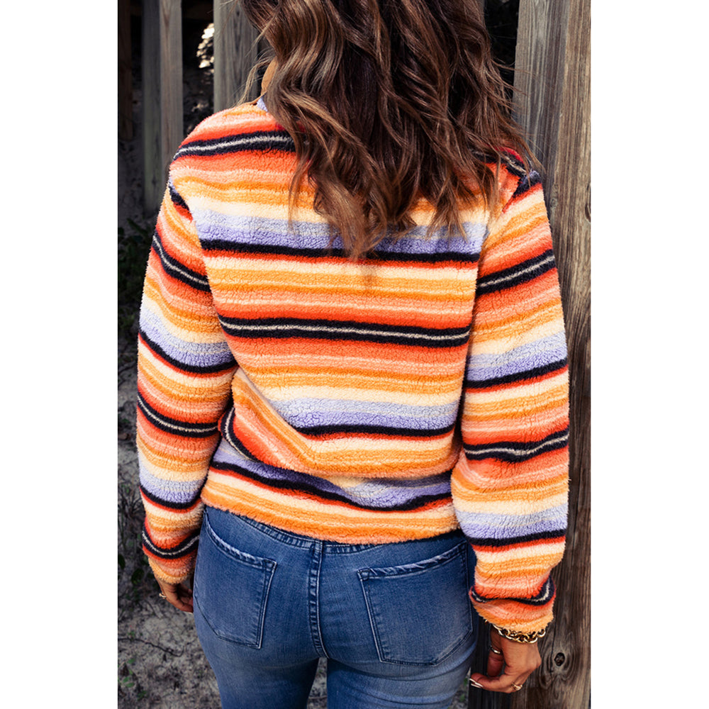 Womens Multicolor Striped Kangaroo Pocket Buttoned Sherpa Sweatshirt Image 2