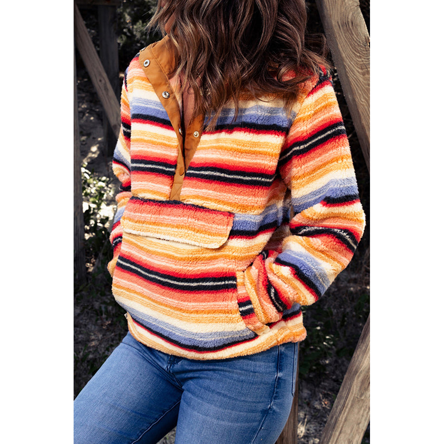 Womens Multicolor Striped Kangaroo Pocket Buttoned Sherpa Sweatshirt Image 1