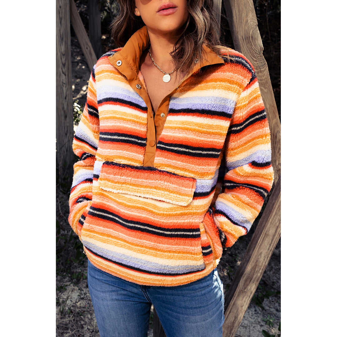 Womens Multicolor Striped Kangaroo Pocket Buttoned Sherpa Sweatshirt Image 3