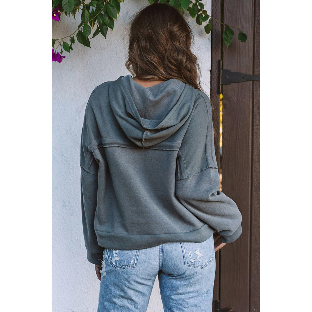 Womens Gray Casual Button Solid Patchwork Trim Hoodie Image 2