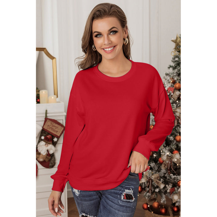 Women's Red Plain Crew Neck Pullover Sweatshirt Image 1