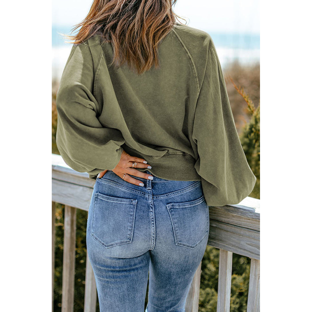 Women's Green Washed Snap Buttons Lantern Sleeve Pullover Sweatshirt Image 2