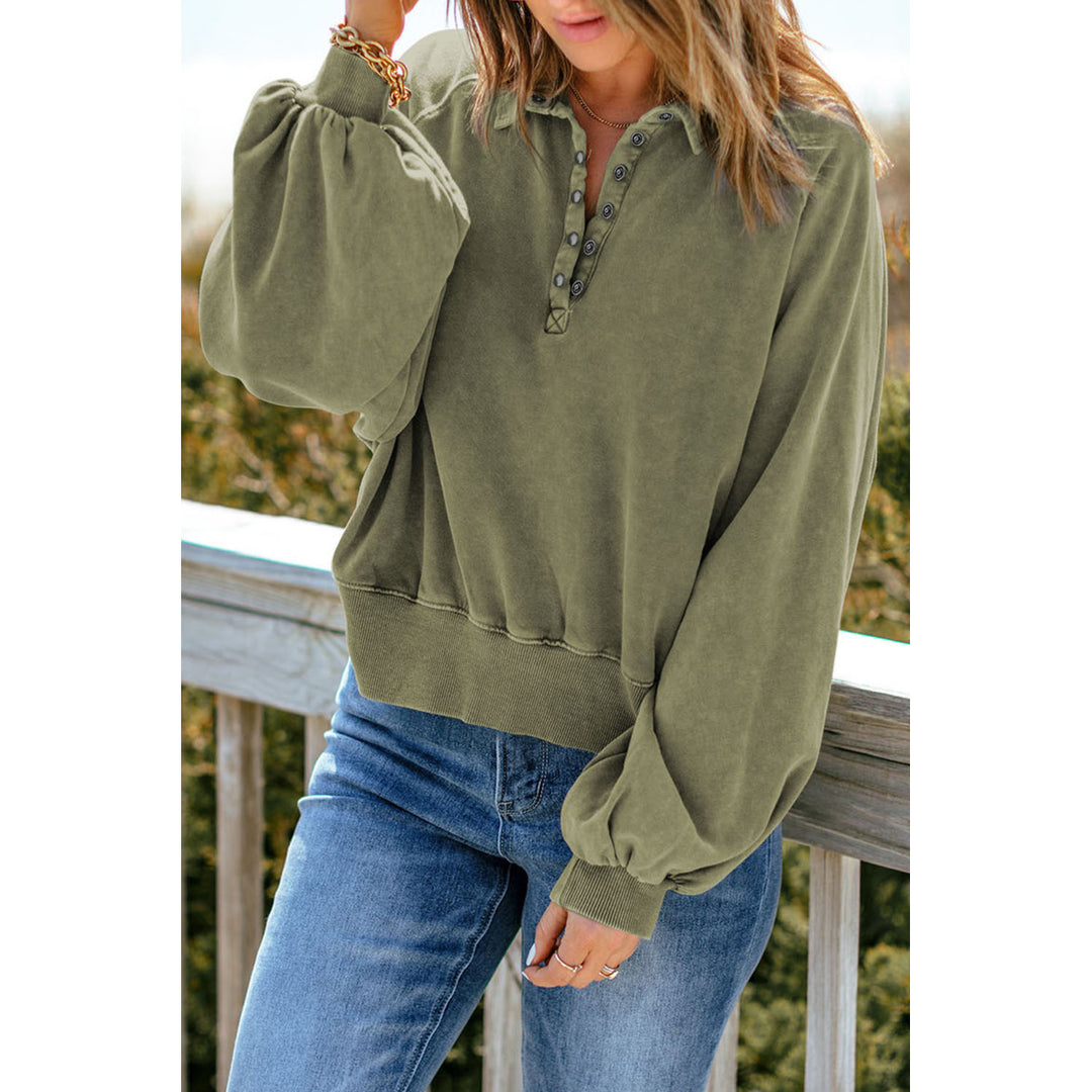 Women's Green Washed Snap Buttons Lantern Sleeve Pullover Sweatshirt Image 1