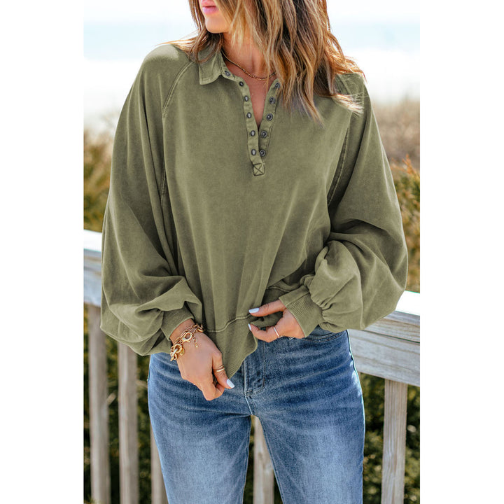 Women's Green Washed Snap Buttons Lantern Sleeve Pullover Sweatshirt Image 3