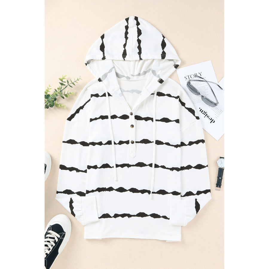 Womens White Striped Drawstring Button Long Sleeve Hoodie Image 1