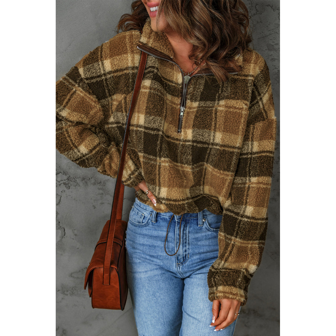 Women's Brown Zip Collar Plaid Pattern Fleece Sweatshirt Image 1