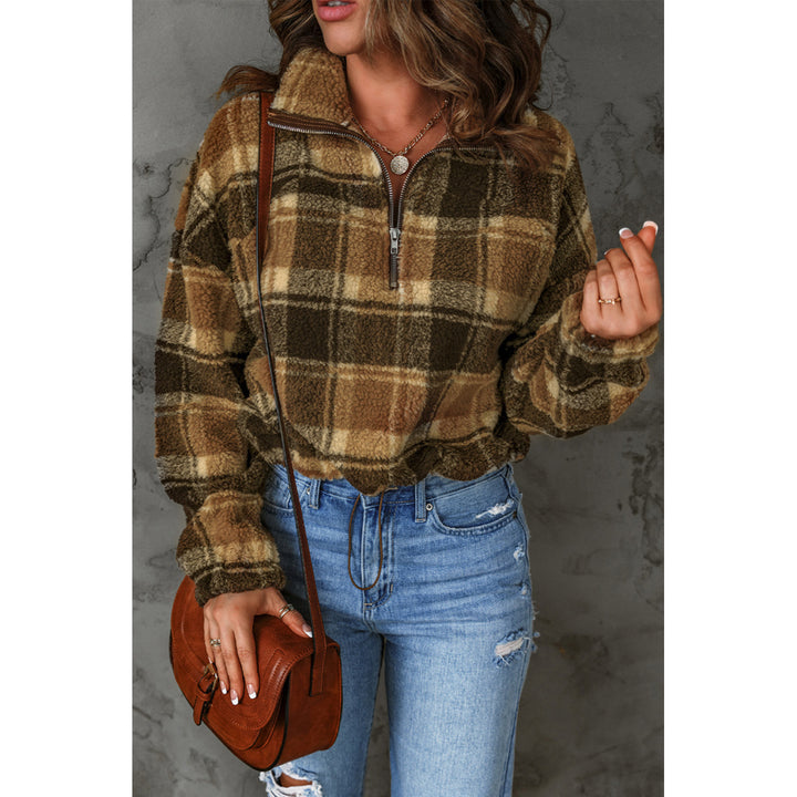 Women's Brown Zip Collar Plaid Pattern Fleece Sweatshirt Image 3