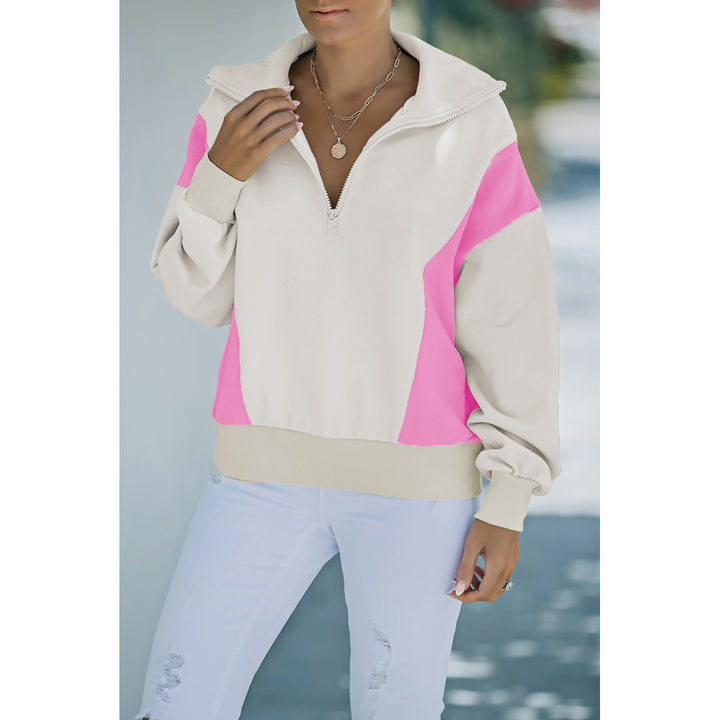 Womens Beige Zipped Turn-down Collar Colorblock Drop Shoulder Sweatshirt Image 1