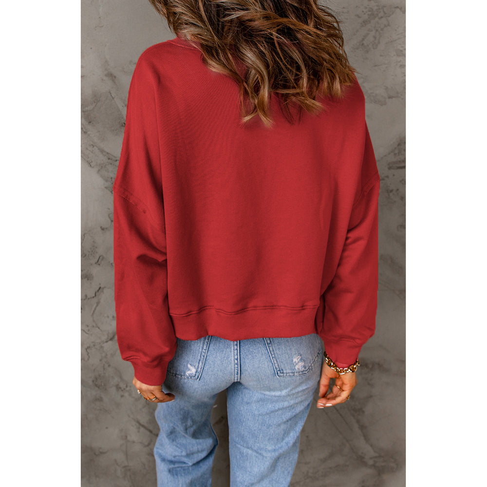 Womens Red Front Buttons Drop Shoulder Pullover Sweatshirt Image 2