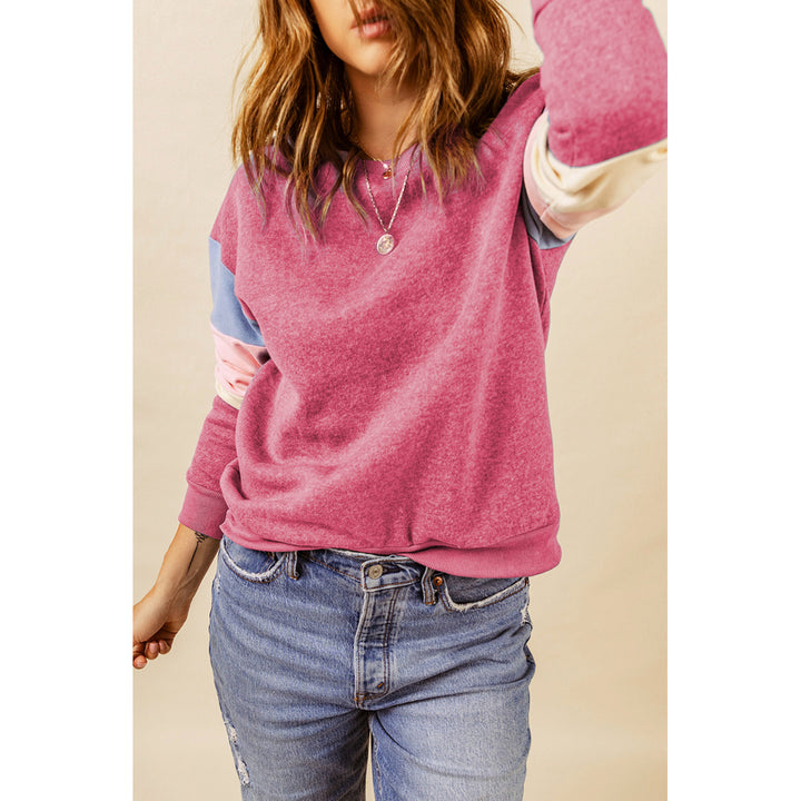 Women's Rose Colorblock Long Sleeve Pullover Sweatshirt Image 3