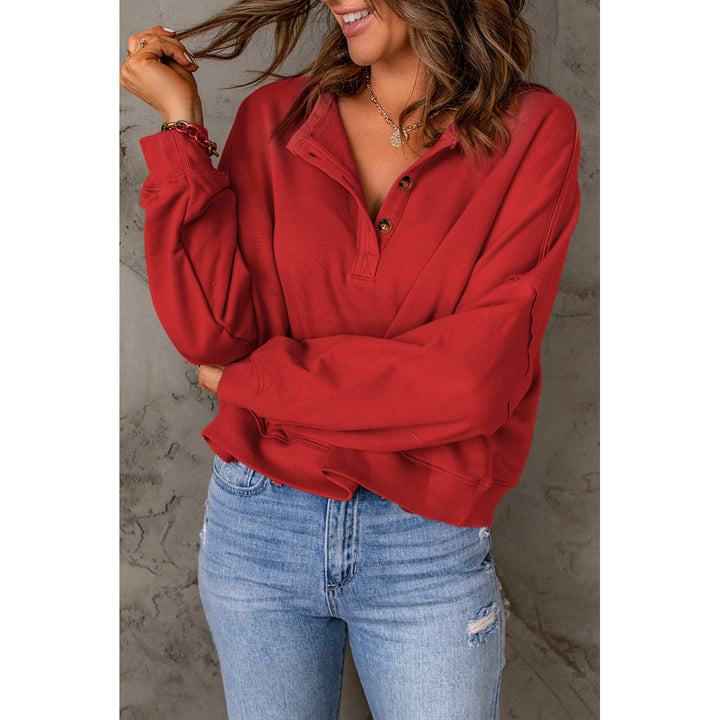Womens Red Front Buttons Drop Shoulder Pullover Sweatshirt Image 3