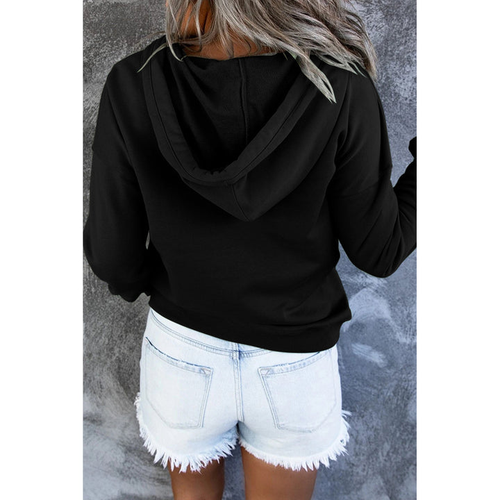 Women's Black Snap Button Pullover Hoodie with Pocket Image 2