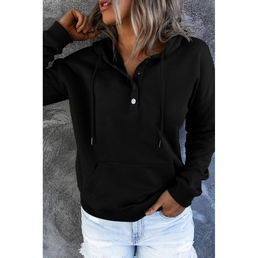 Women's Black Snap Button Pullover Hoodie with Pocket Image 1