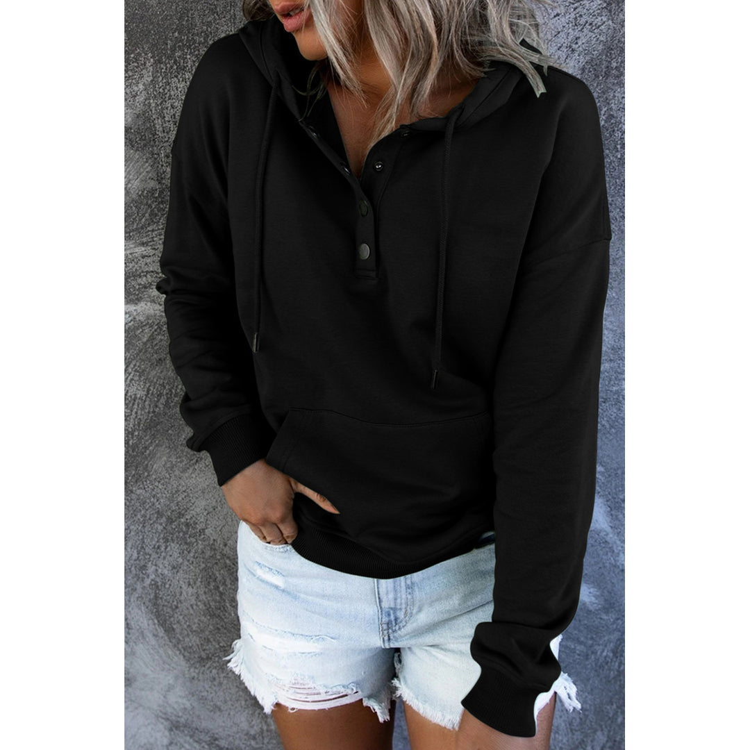 Women's Black Snap Button Pullover Hoodie with Pocket Image 3