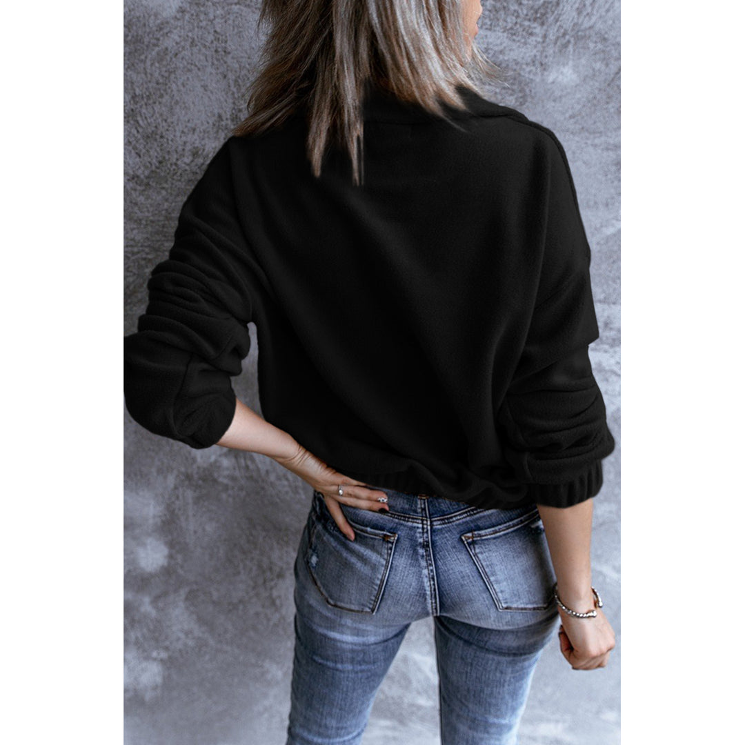 Womens Black Turn-down Collar Long Sleeve Zipper Fleece Pullover Sweatshirt Image 2